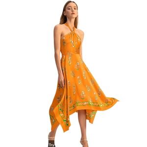 LilySilk Orange 100% Mulberry Silk Halter Handkerchief Midi Dress Size 8 NEW
